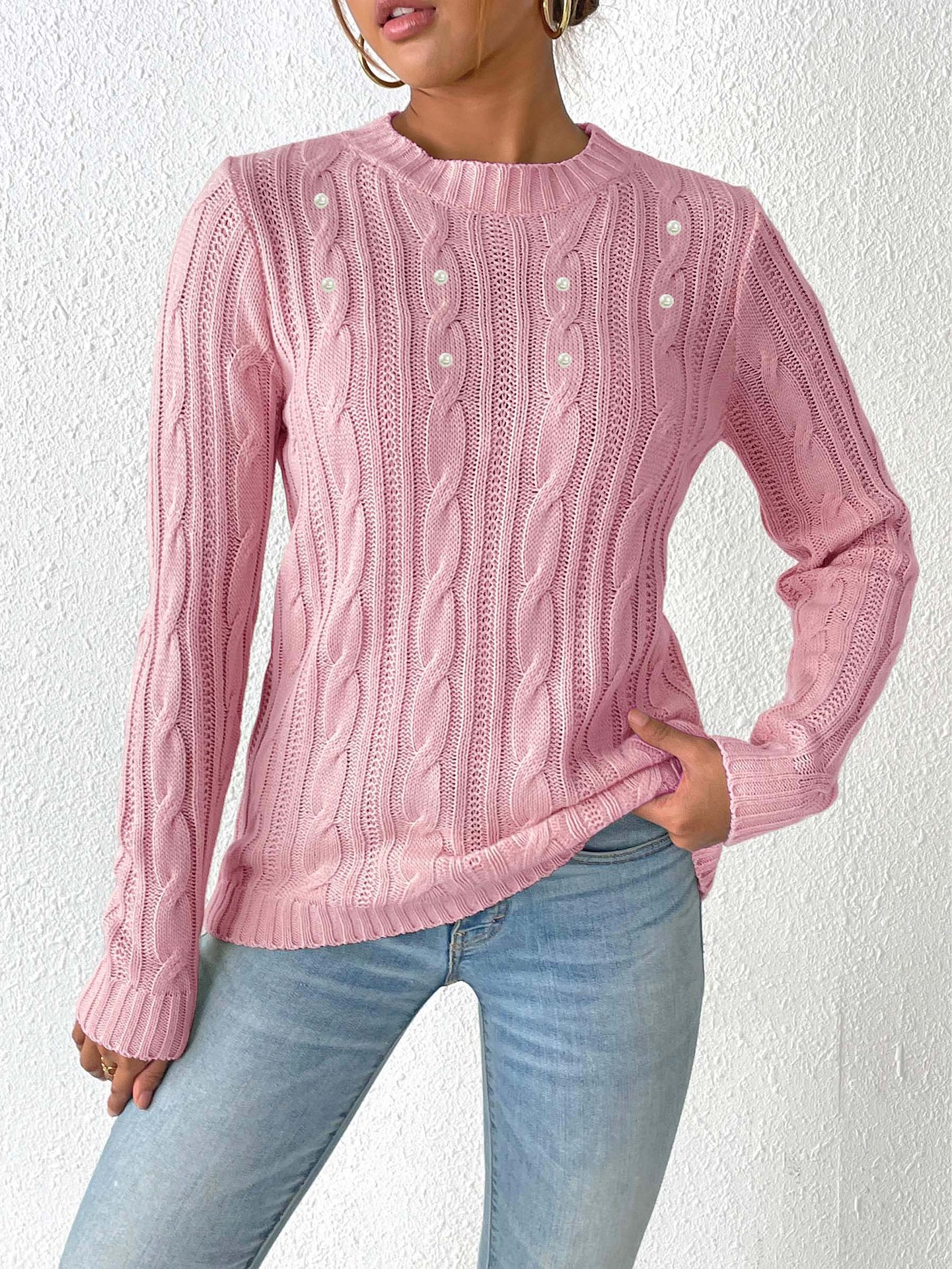 Women's Pearl Beaded Crewneck Knit Pullover Sweater