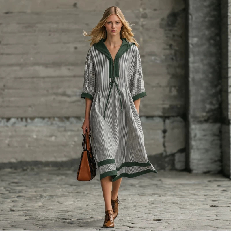 Retro Black and White Striped Green Hooded Midi Dress