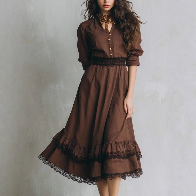 Retro Color-Block Lace-Trim Midi Dress