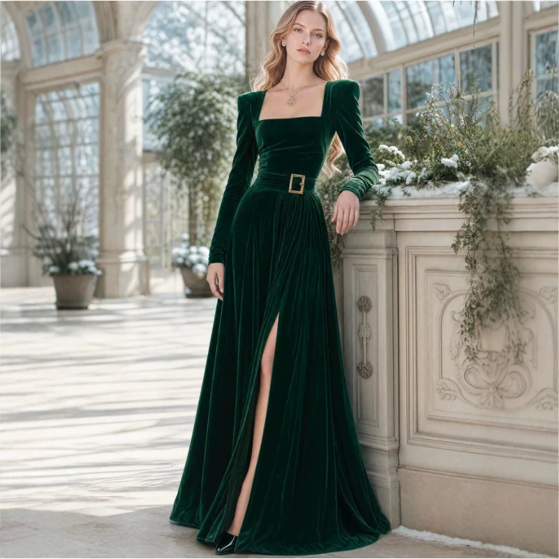 Elegant Dark Green Square Neck Slit Long Dress