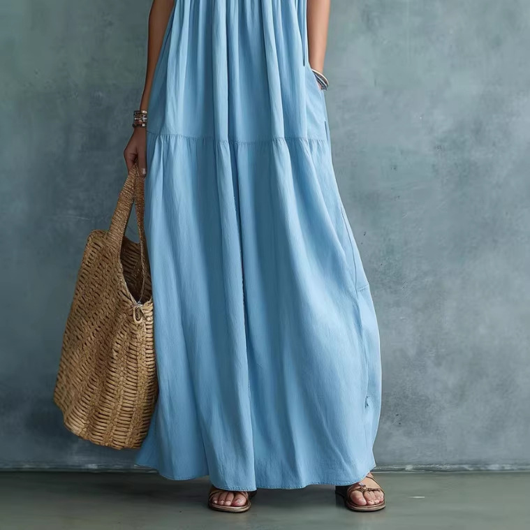 Boho Light Blue Sleeveless Pleated Maxi Dress