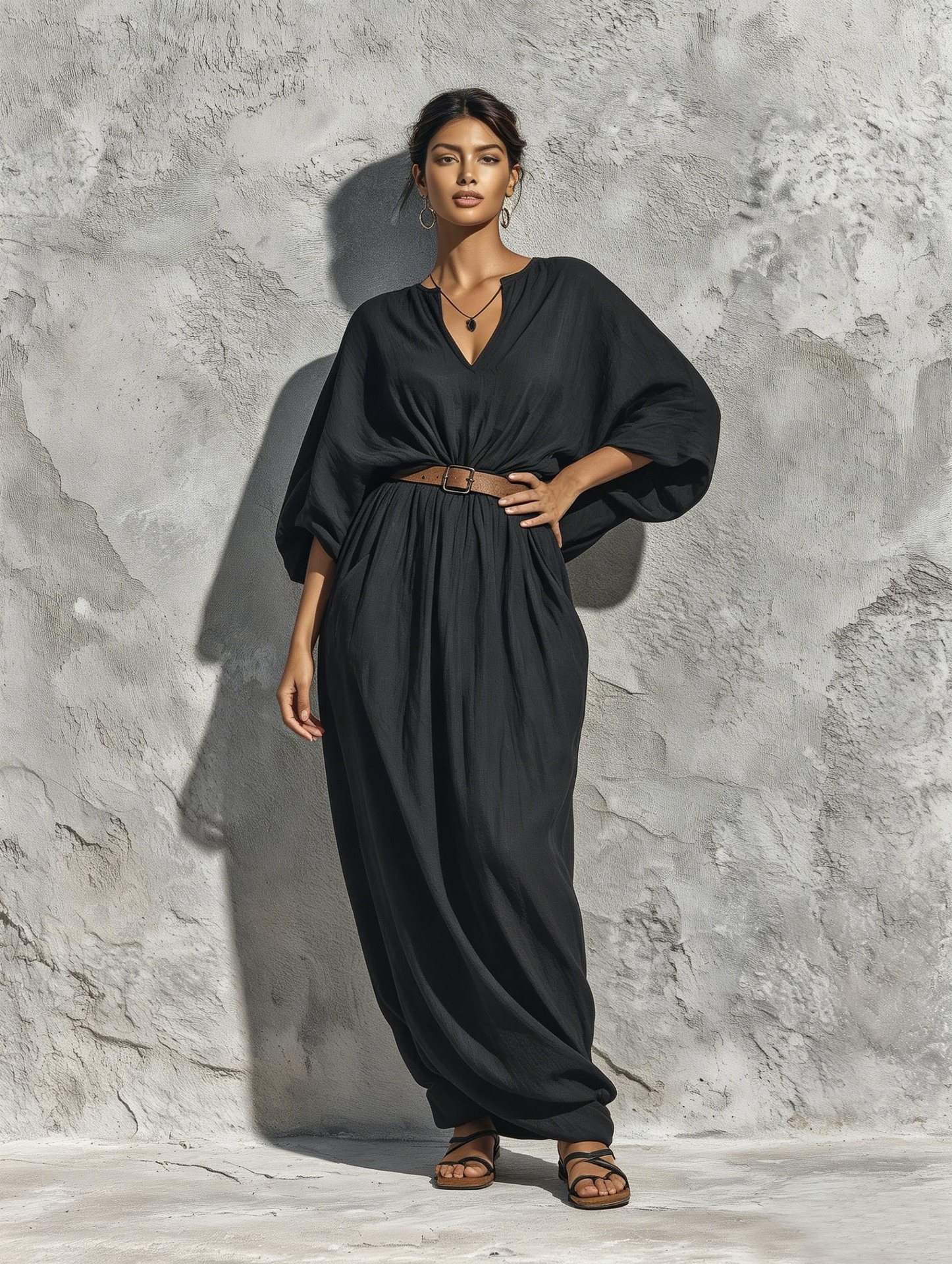 V-Neck Batwing Sleeve A-Line Midi Dress with Belt