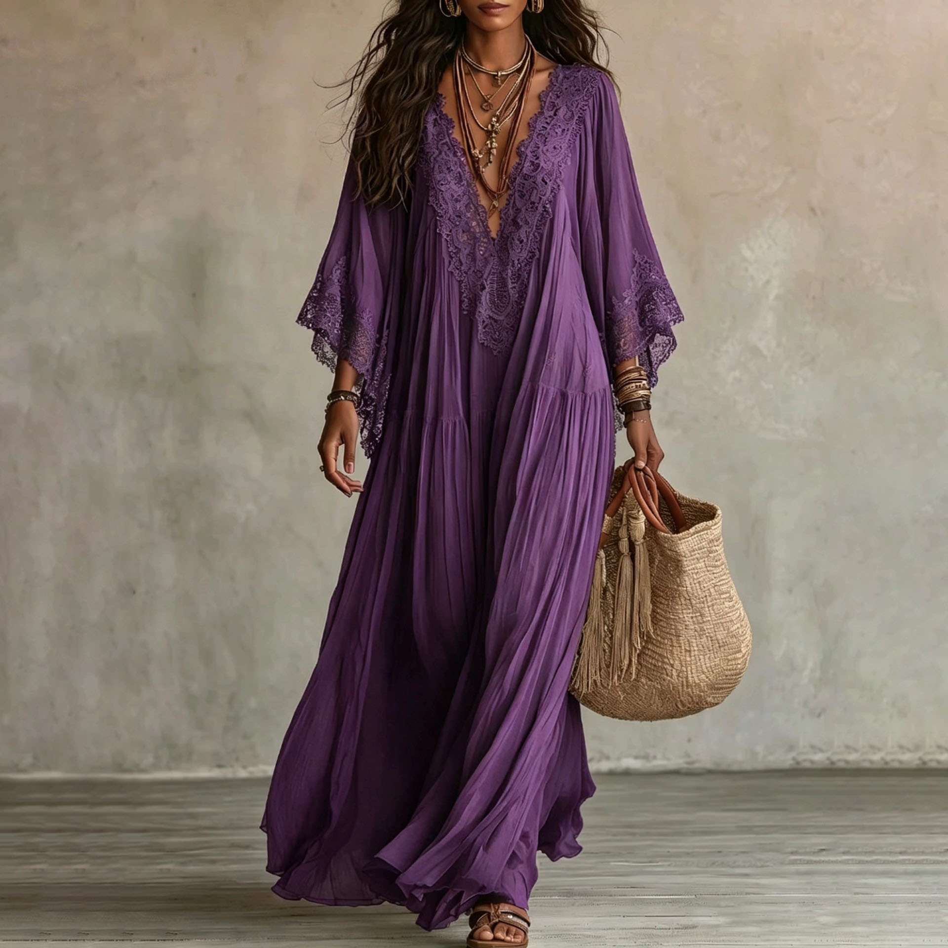 Lace V-Neck Batwing Sleeve Long Dress