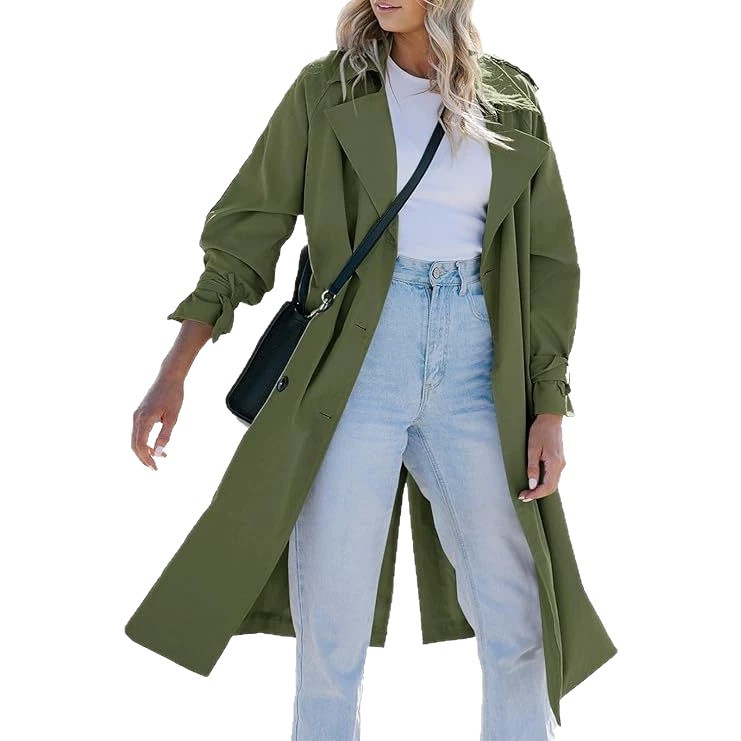 Double-Breasted Long Trench Coat with Lapel and Belt