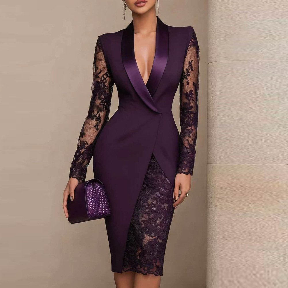 Solid Lace Panel Long Sleeve Blazer Dress with Notched Lapel and Cinched Waist