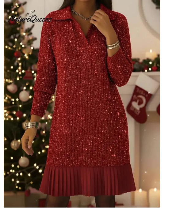 Women's Long Sleeve Polo Collar A-Line Midi Dress