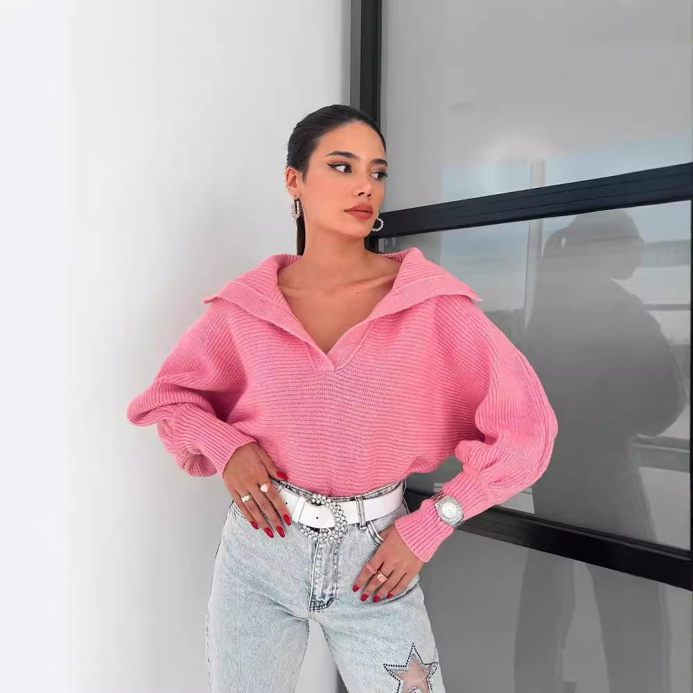 Women's Loose Lantern Sleeve Open Collar Pullover Cropped Sweater