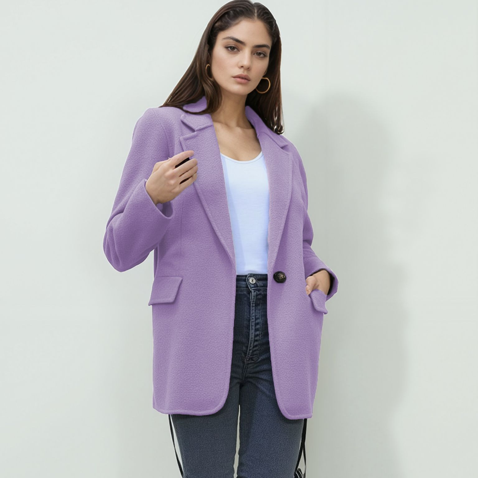 Women's Casual Wool Blend Blazer with Lapel Collar Button Pocket