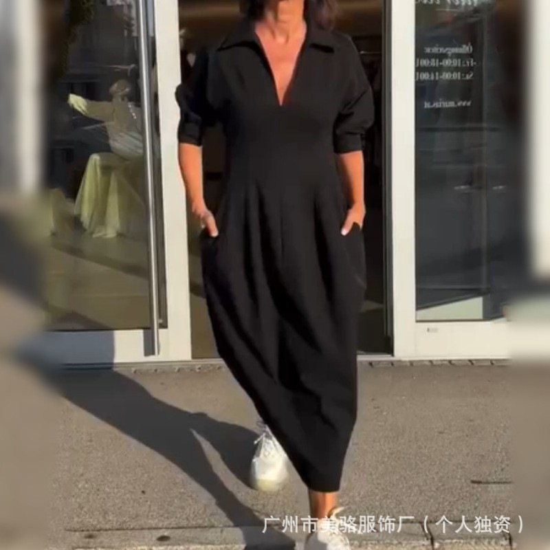 Women's Retro Loose Midi Dress with V-Neck and High Waist