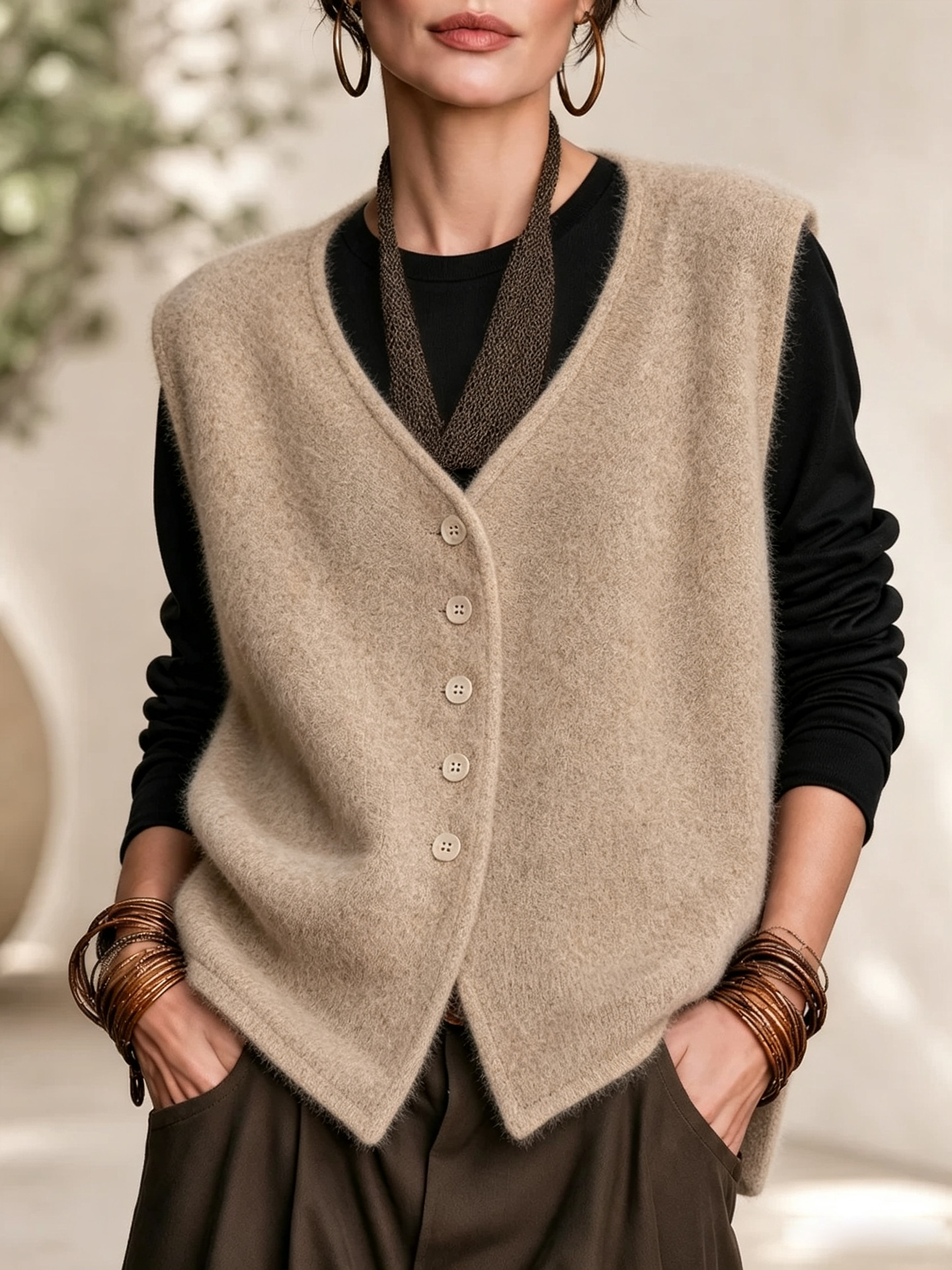 V-Neck Single-Breasted Loose Sleeveless Fleece Knit Vest