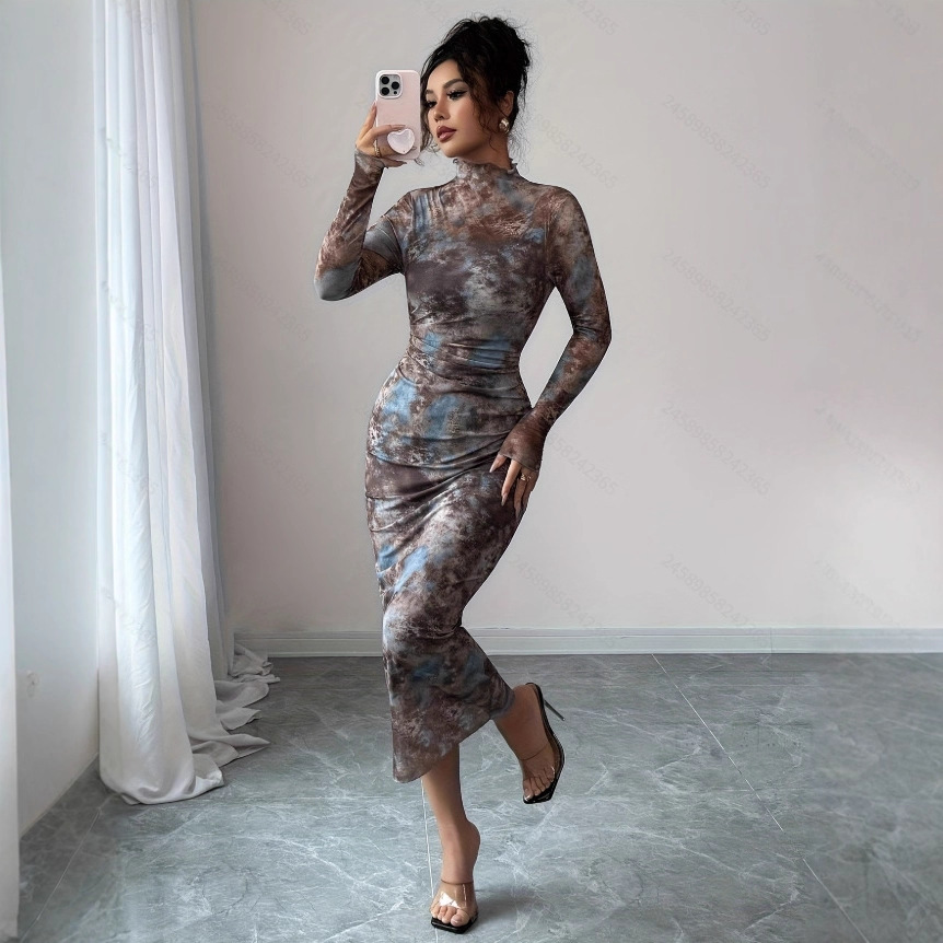 Women's Gradient Grid Print Bodycon Dress with Cami Two-Piece Set
