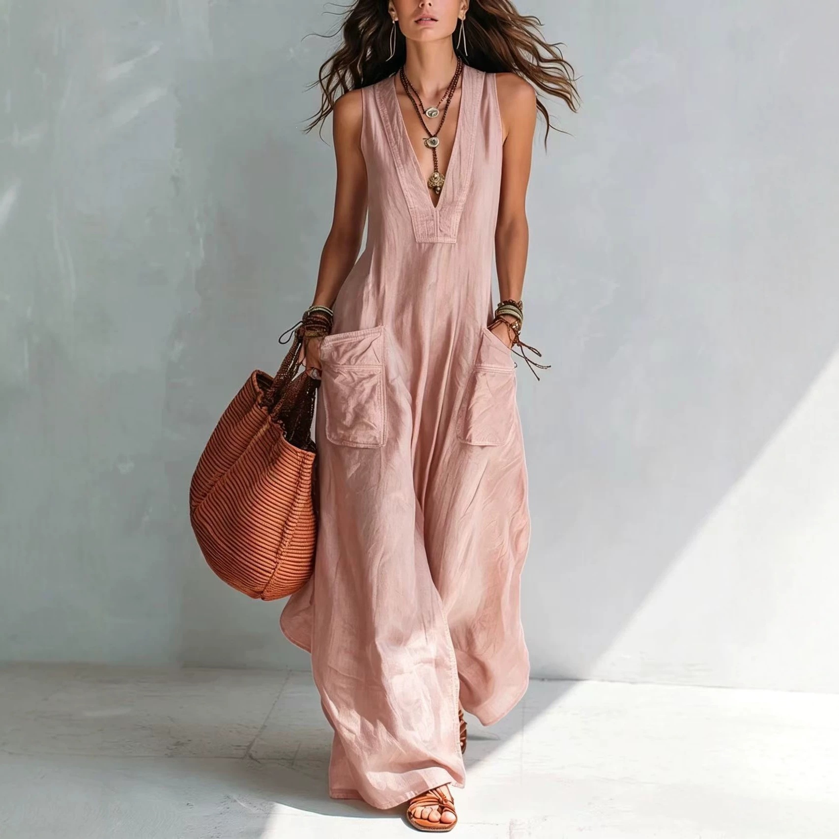 Women's Solid V-Neck Loose Wide-Leg Jumpsuit with Pockets