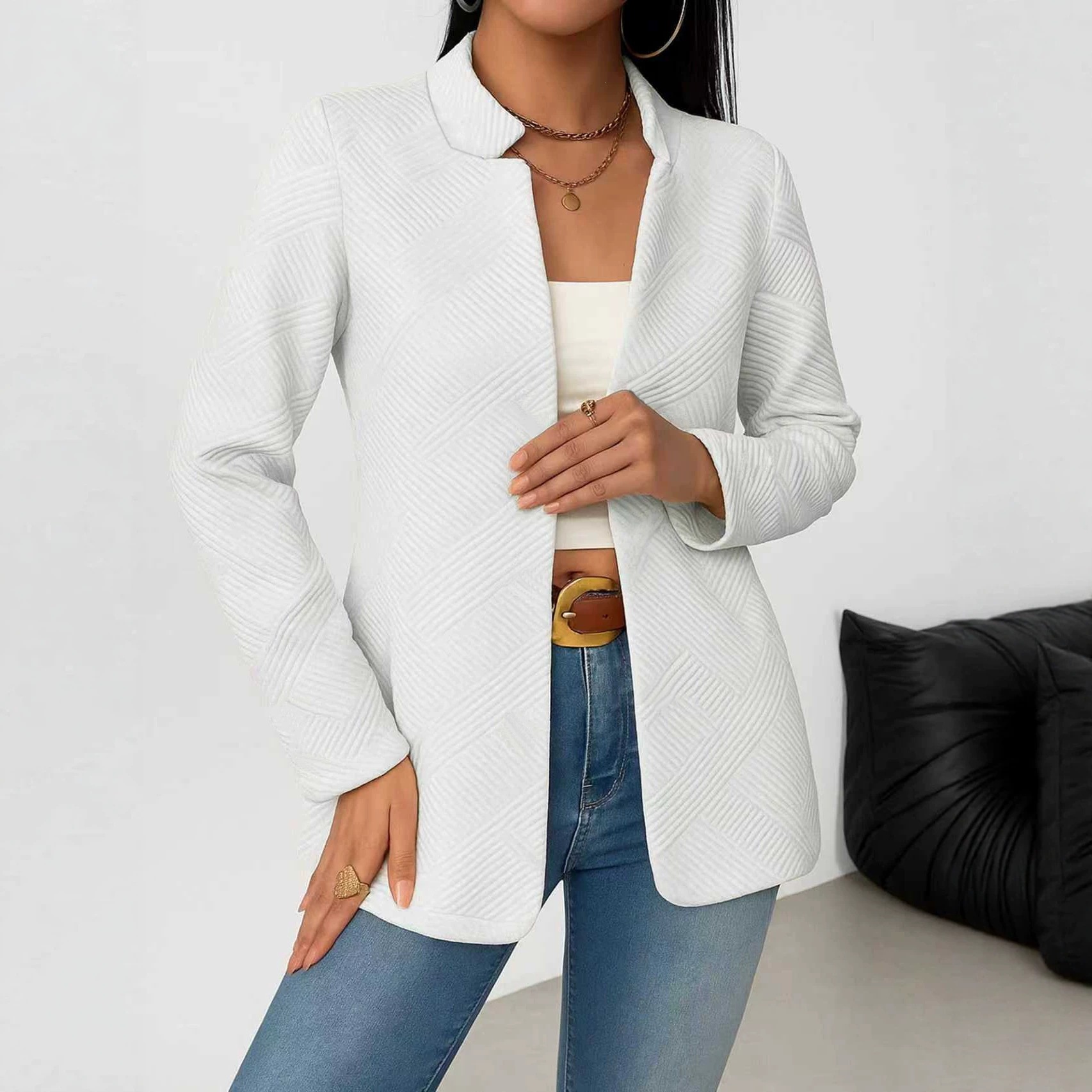 Women's Minimalist Solid Color Blazer Coat Stand Collar Mid-Length