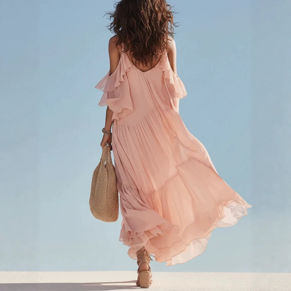 Nude Pink V-Neck Ruffle Sleeve Tiered Maxi Dress