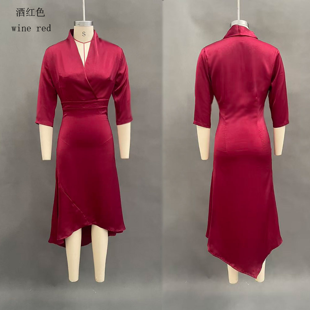 Elegant Solid V-Neck Long Sleeve Satin Asymmetric Dress