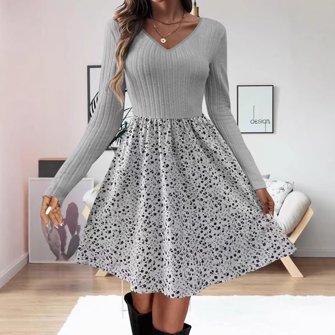 Women's Long Sleeve V-Neck Knit Floral Midi Dress
