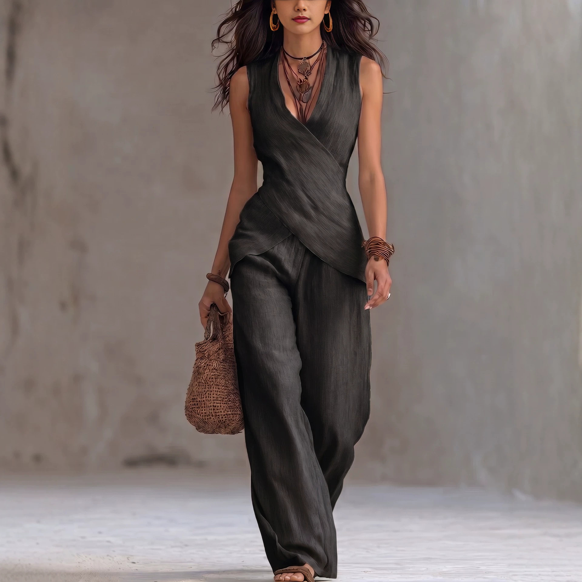 Linen-Blend Two-Piece Set Sleeveless V-Neck Top and Wide-Leg Pants