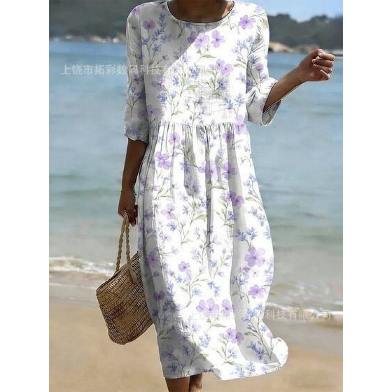 Women's Midi A-Line Dress with Side Pockets, Round Neck, Long Sleeves, Loose Fit, 3D Print, Beach Vacation