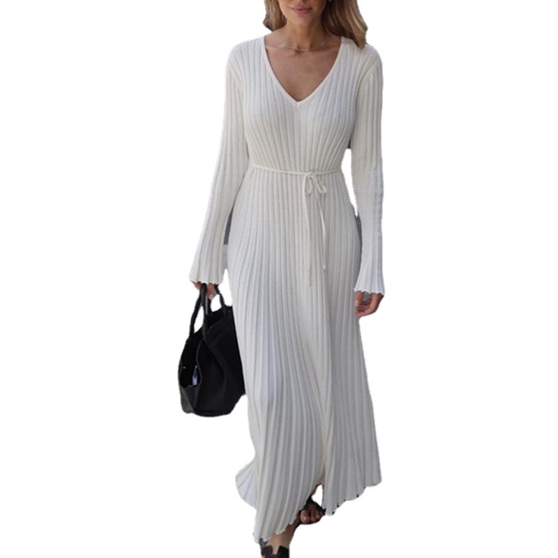 Ribbed Knit V-Neck Midi Dress with Waist Tie