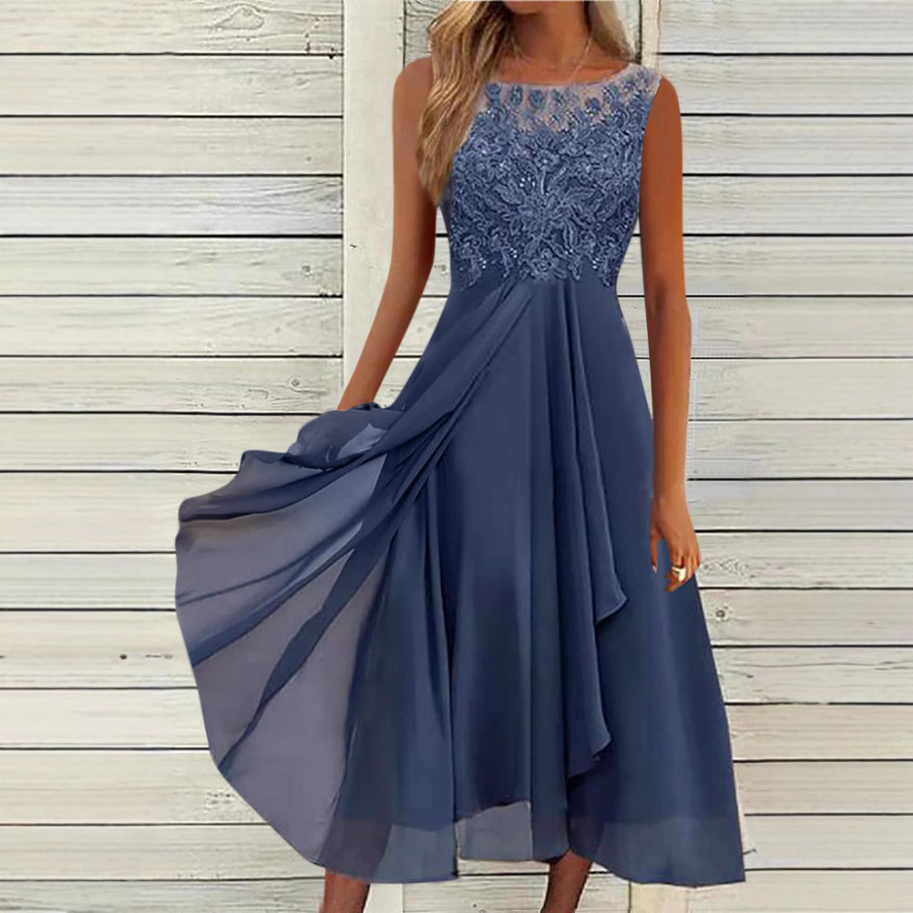 Sweet Lace Hollow Sleeveless Midi Chiffon Dress Bridesmaid