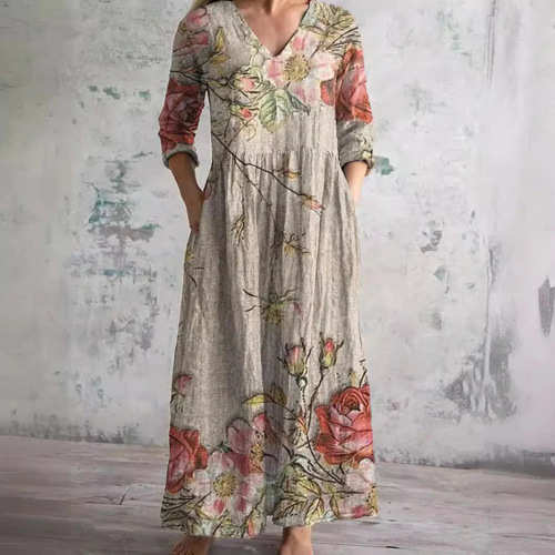 Women's Loose V-Neck Pocket Dress Short Sleeve A-Line Long Casual
