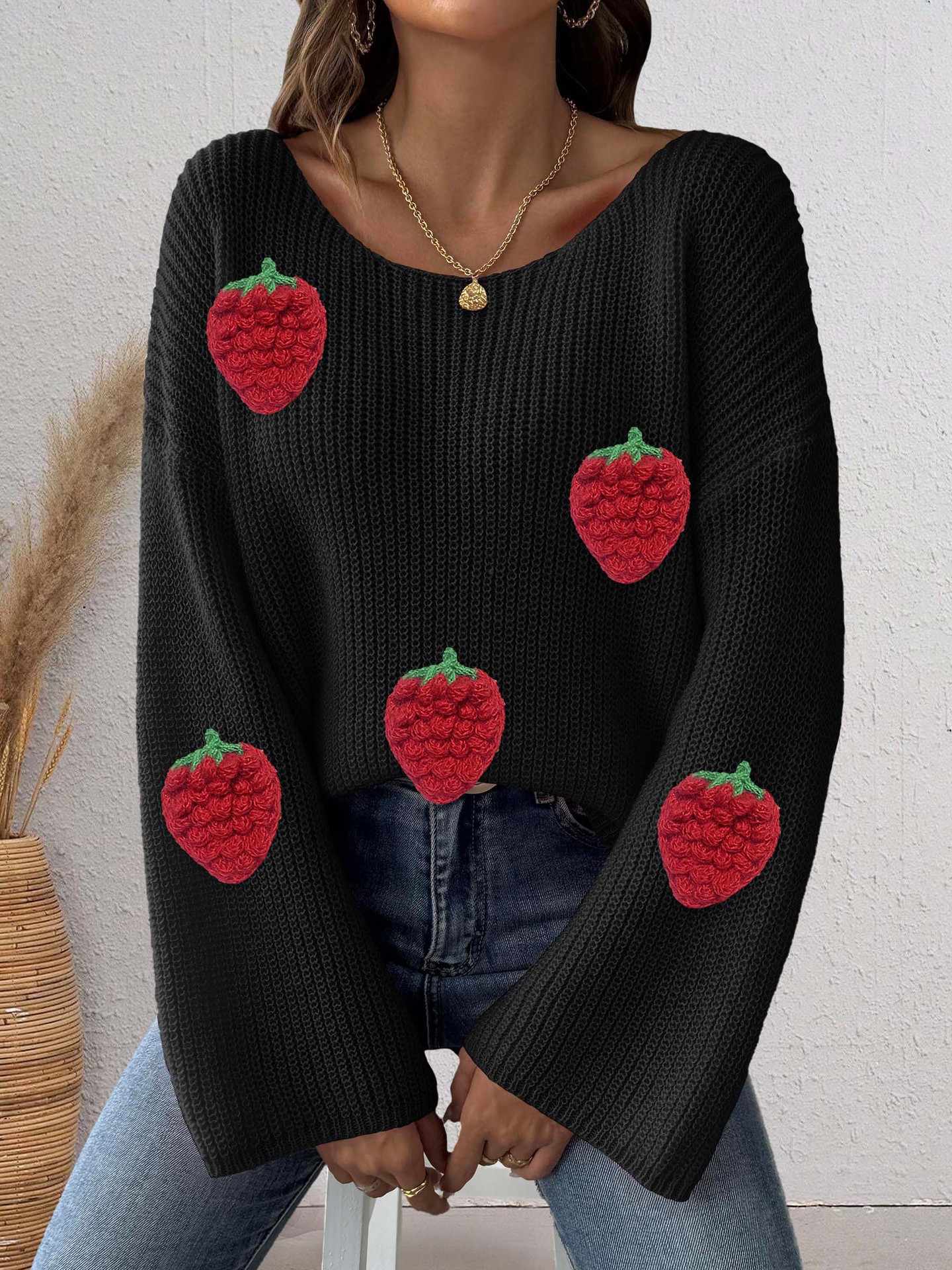Women's Strawberry Applique Off-Shoulder Bell Sleeve Sweater