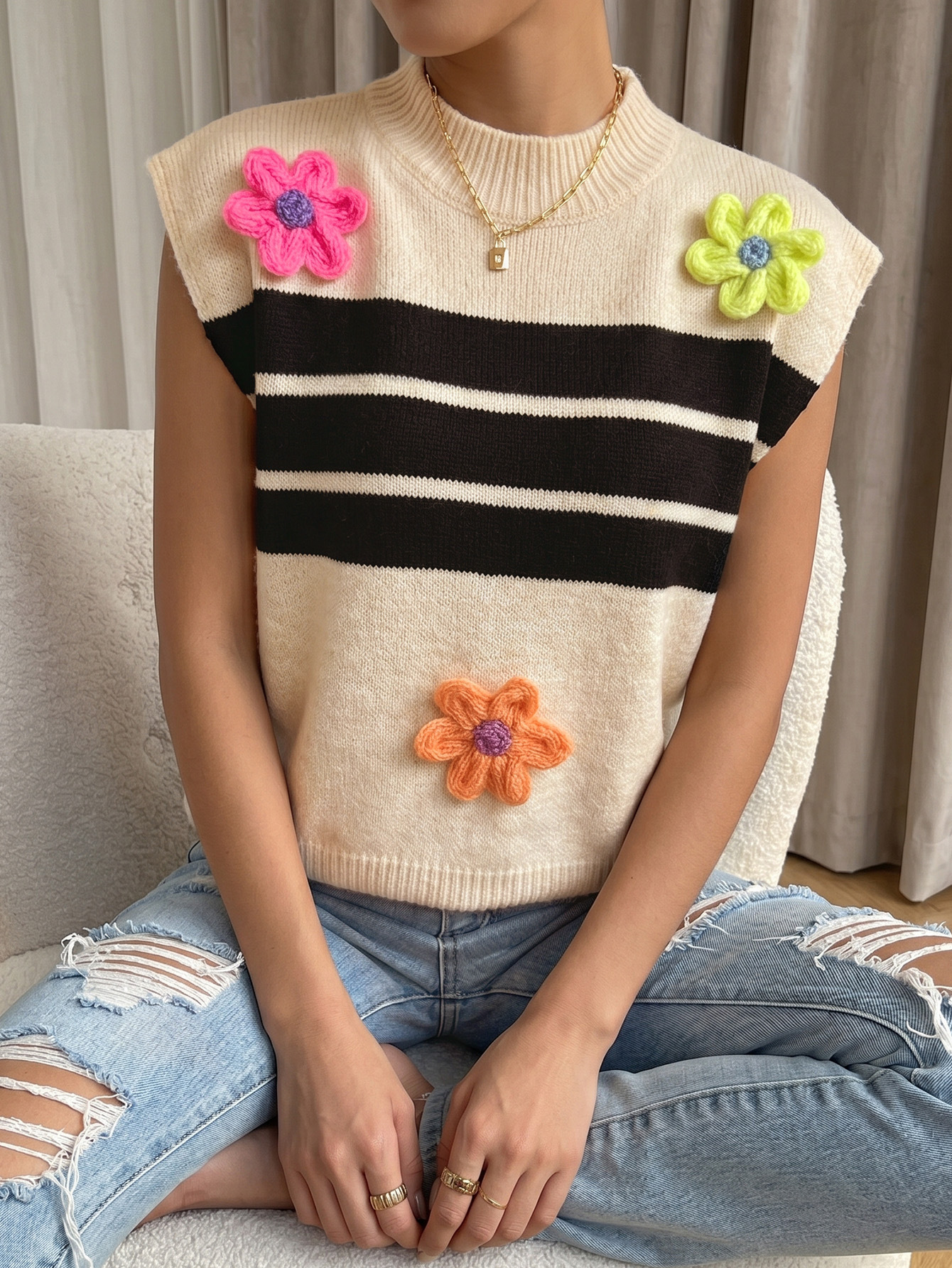 Color-Block Striped Sleeveless Knit Vest