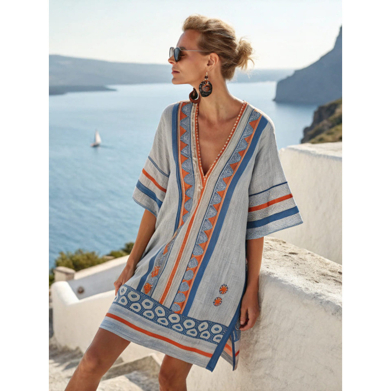Women's V-Neck Printed Midi Dress Loose Fit Beach Vacation