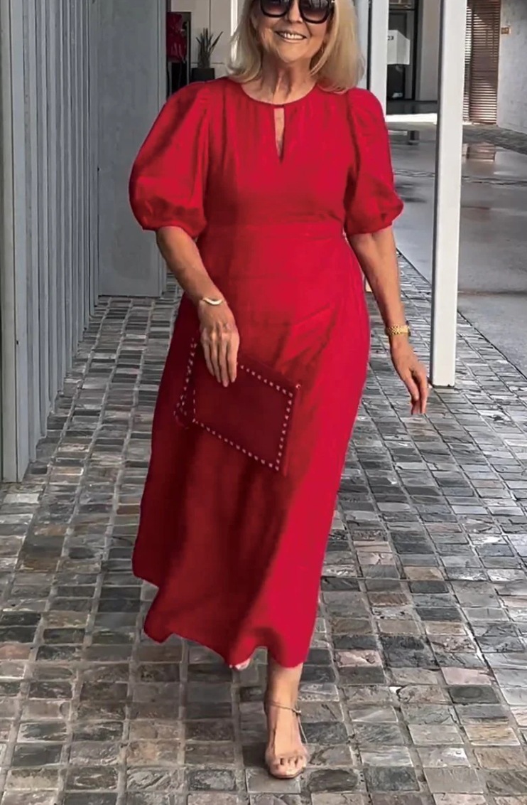 Women's Solid Color Loose Casual Round Neck Puff Sleeve Dress