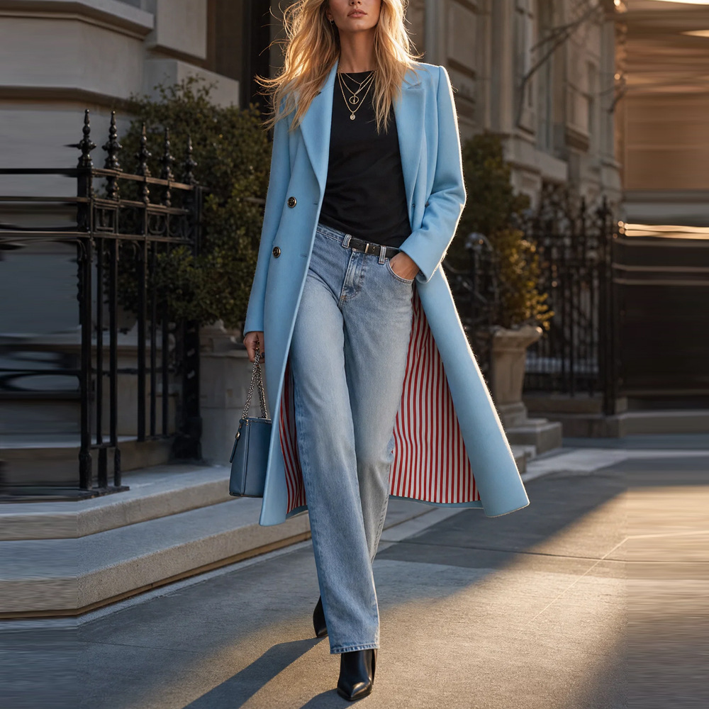 Double-Breasted Women's Long Coat, Elegant A-Line Polyester, Blue