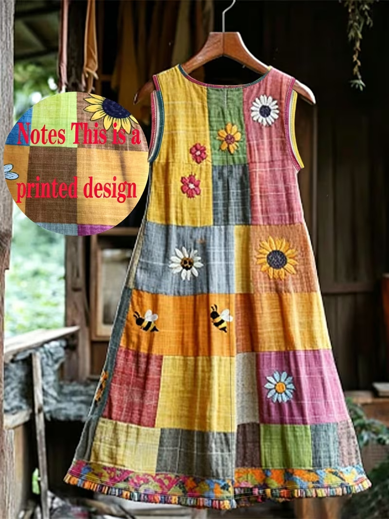 Women's Vintage Floral Plaid Sleeveless Midi Dress