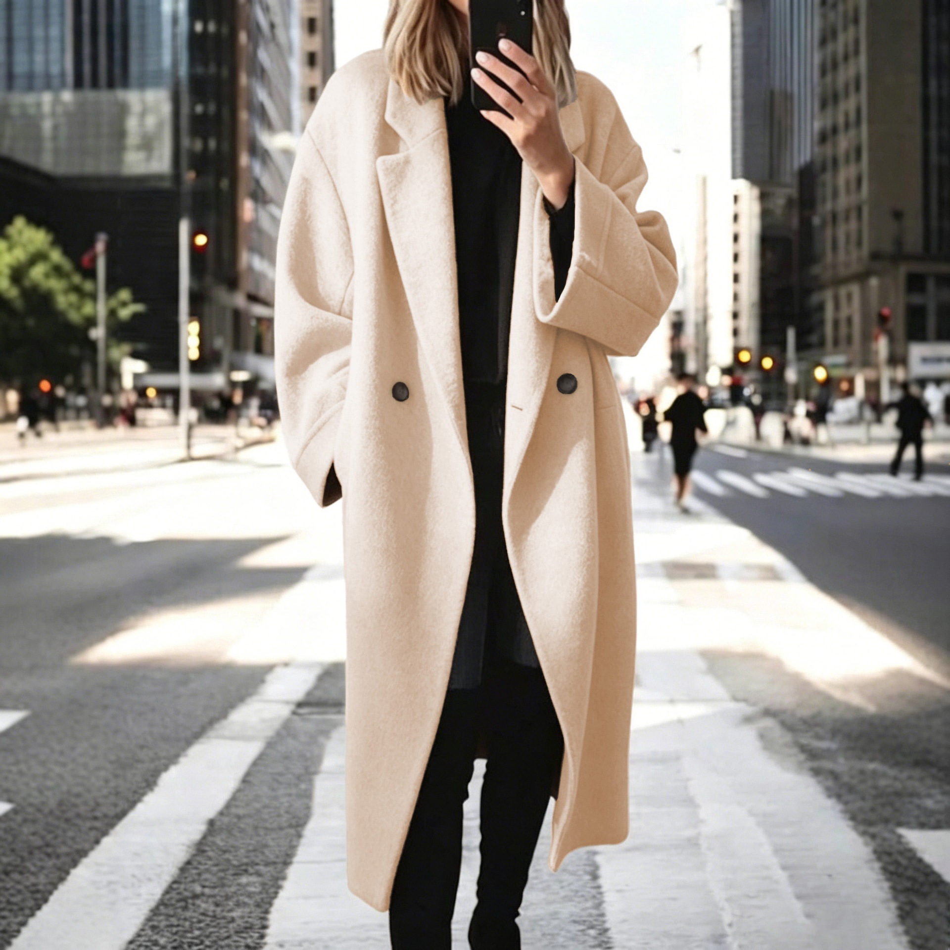 Women's Wool-Blend Long Trench Coat with Suit Collar, Loose Fit, Multi-Color