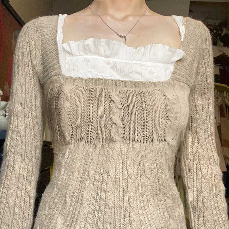 Women's Cable-Knit Square-Neck Sweater in Khaki