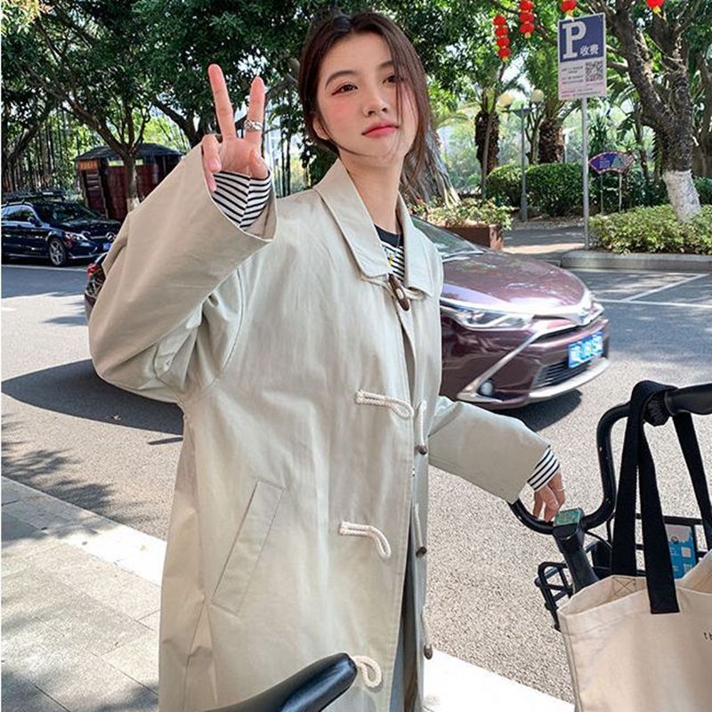 Women's Preppy Horn Button Mid-Length Trench Coat Casual Loose Workwear Jacket