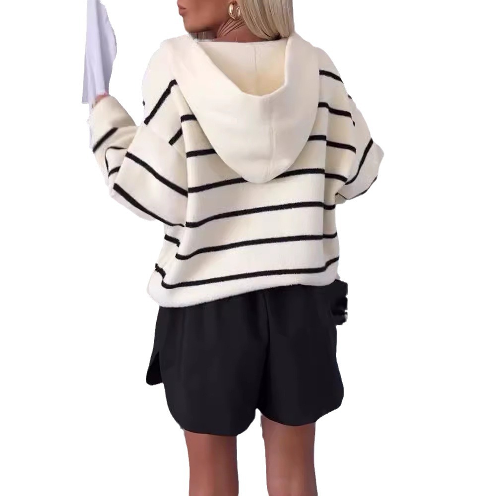 Striped Patchwork Hooded Pocket Loose Hoodie Jacket for Women