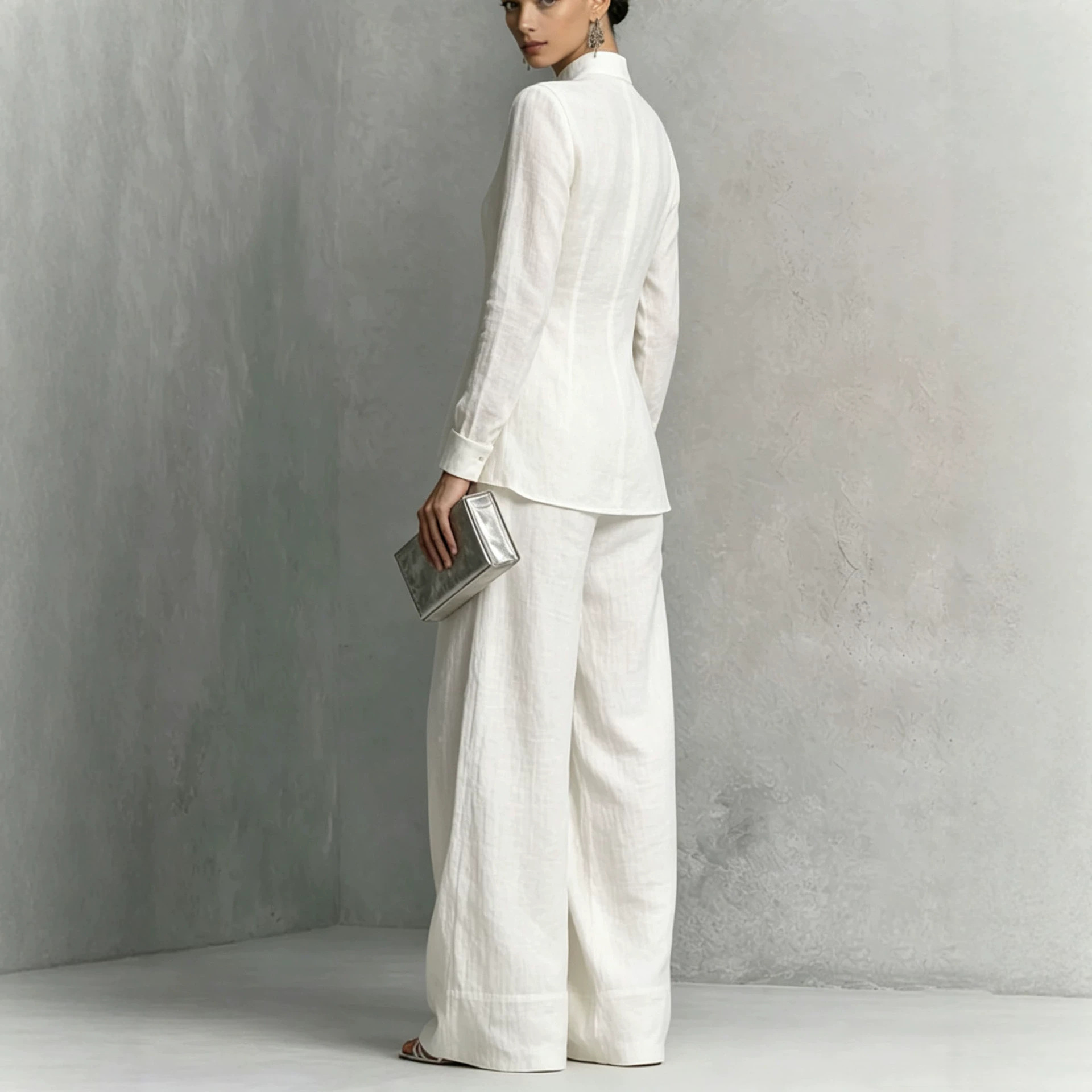 Women's French Stand Collar Long Sleeve Fitted Shirt and Wide Leg Pants Set Minimalist Two-Piece