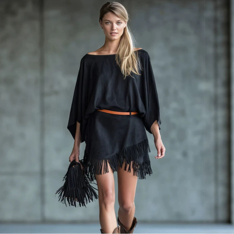 Women's Retro Fringe Batwing Sleeve Black Mini Dress