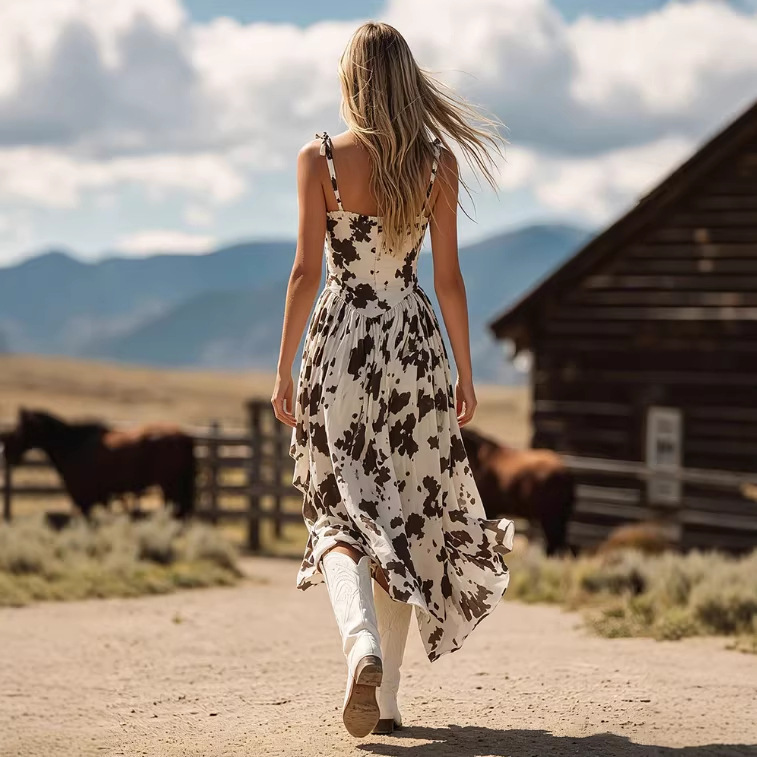 Western Vintage Cow Print White Sleeveless Ruffle Square Neck Midi Dress