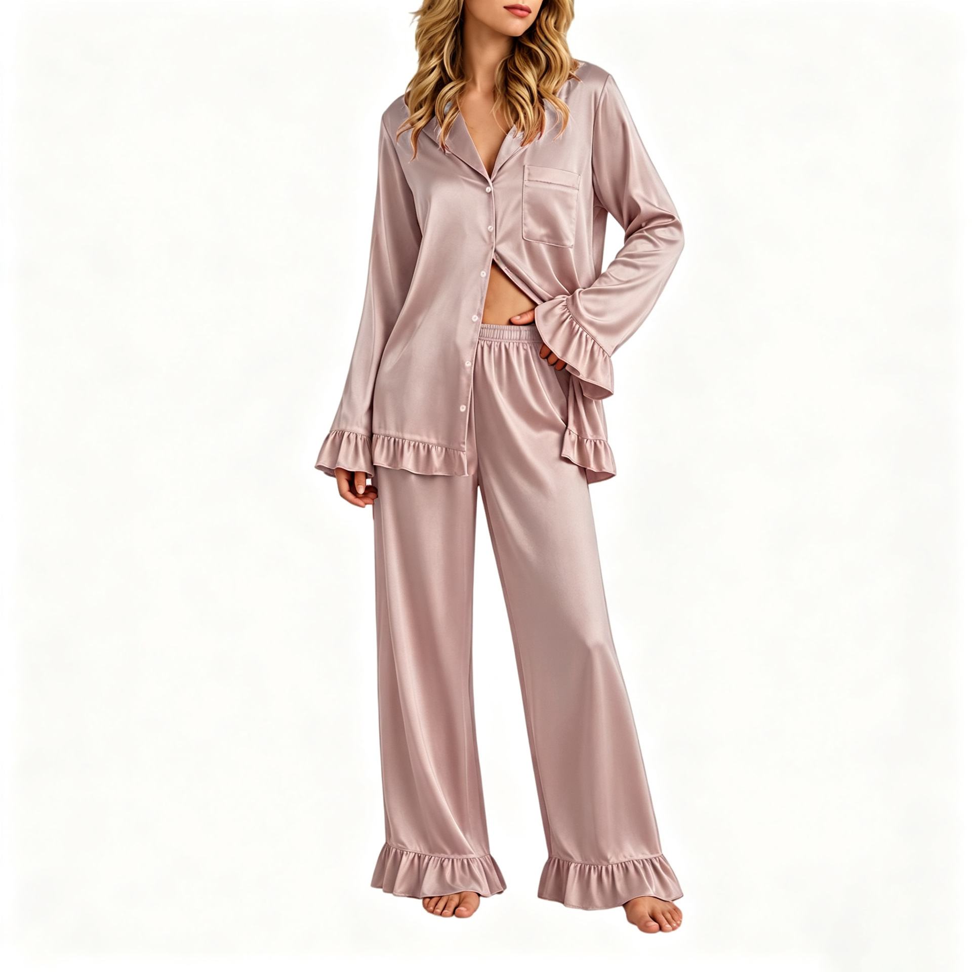 Women's Ruffle Collar Cardigan and Pants Loungewear Set Long Sleeve