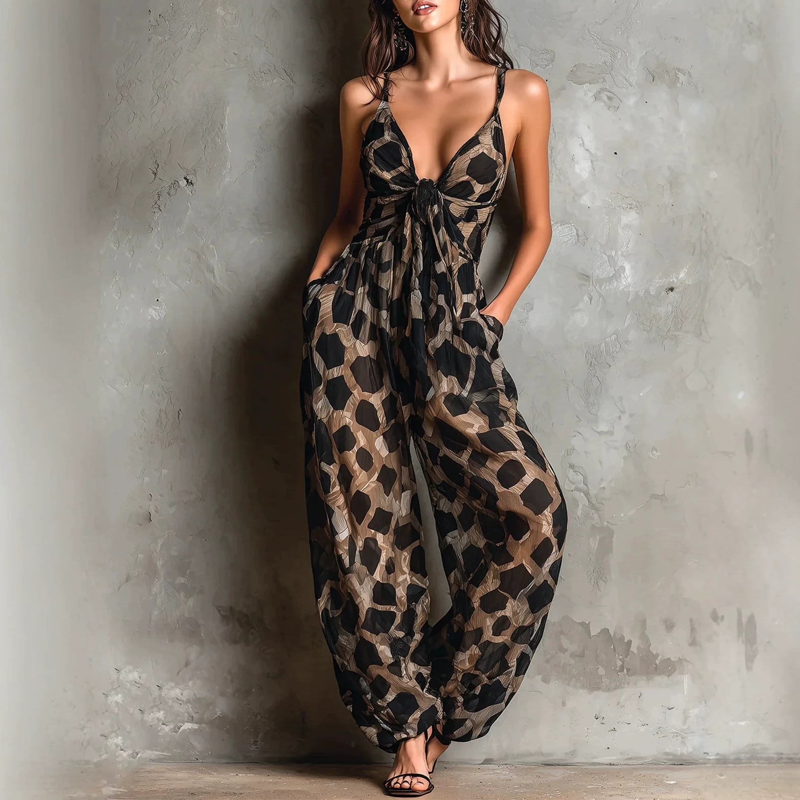 Leopard Print Deep V Twist Halter Wide-Leg Jumpsuit