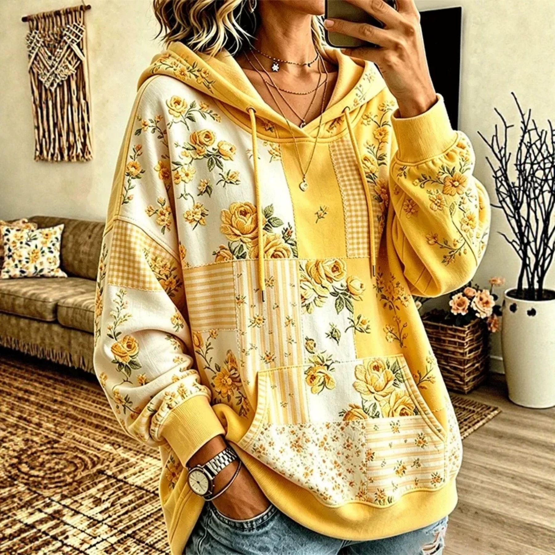 Retro Floral Plaid 3D Print Hoodie Loose Casual Top
