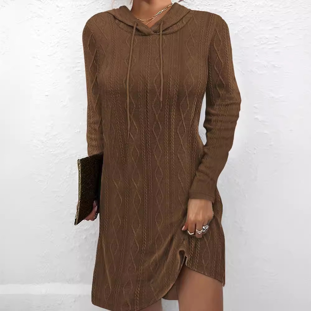 Solid Color Long Sleeve Hooded Knit Sweater Dress