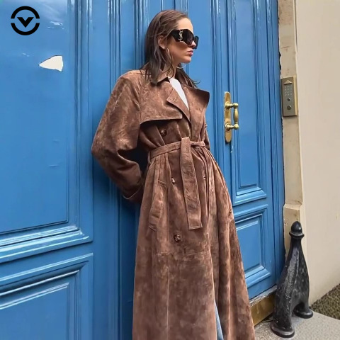 Women's Retro Belted Long Coat with Waist Tie