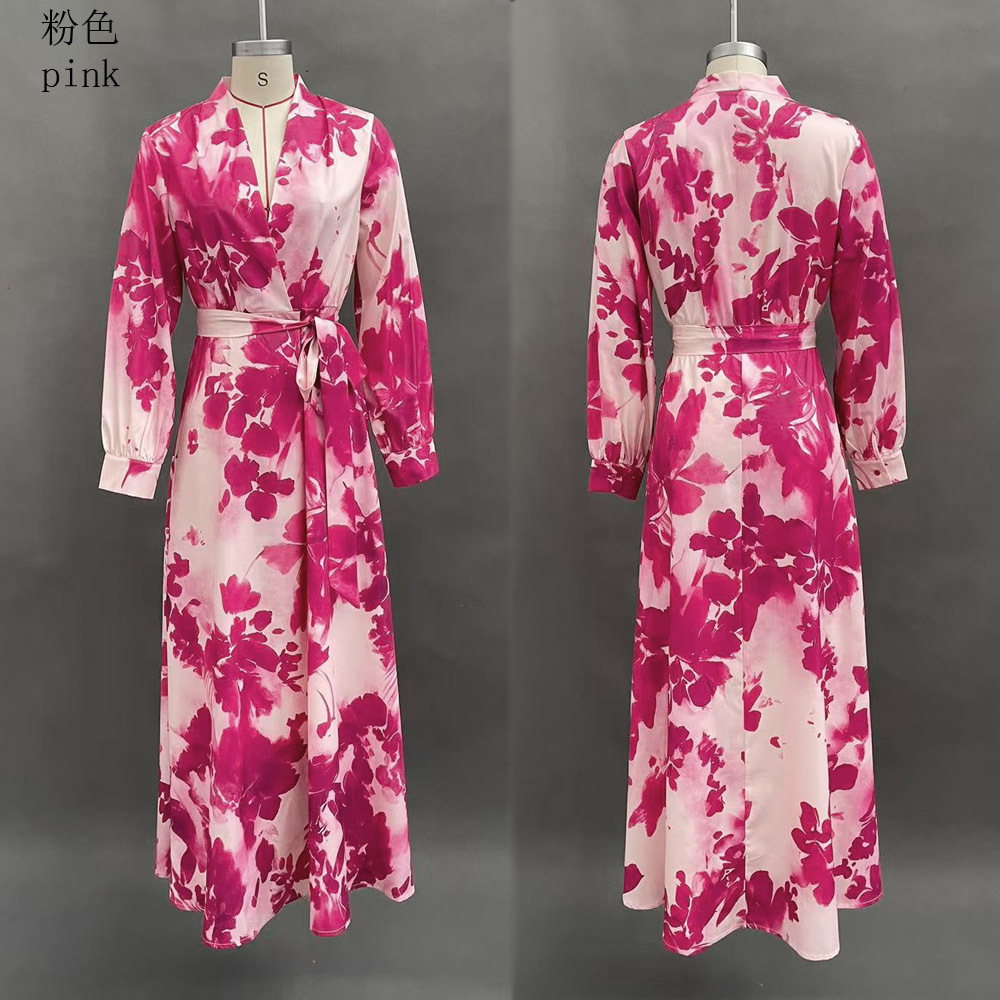 Elegant Floral Print Long Sleeve V-Neck Tie Dress