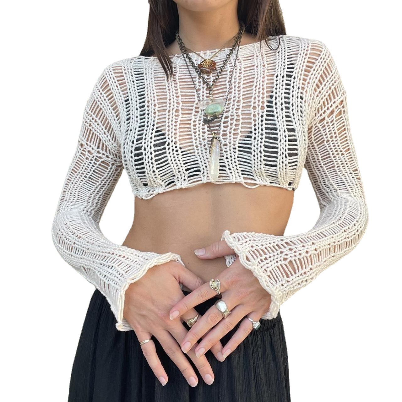 Sexy Crochet Knit Crop Top Crew Neck Long Sleeve
