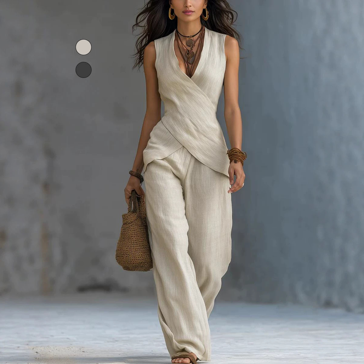 Linen-Blend Two-Piece Set Sleeveless V-Neck Top and Wide-Leg Pants