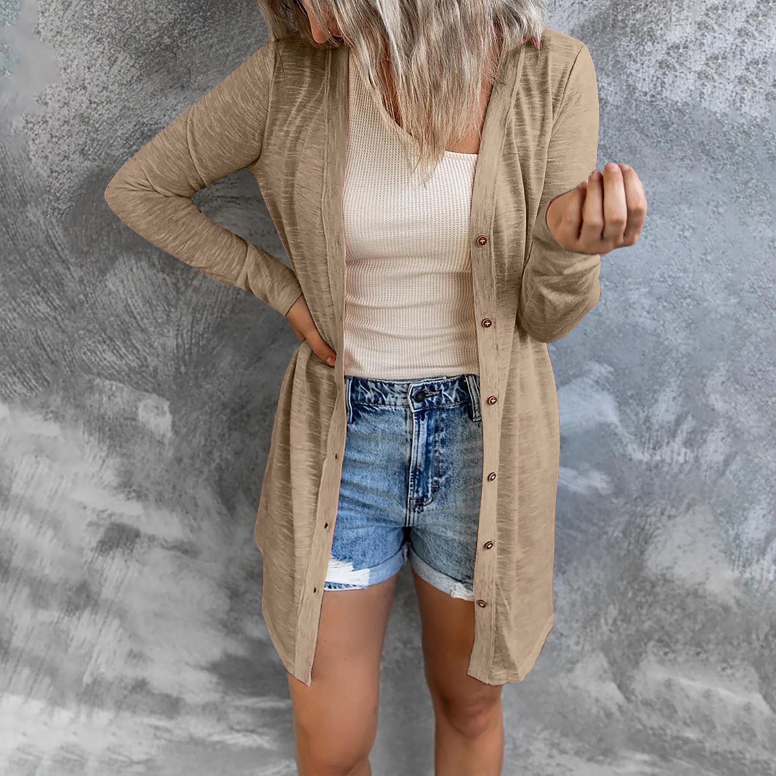 Solid Color Single-Breasted Midi Cardigan Long Sleeve Sun Protection Cover-Up