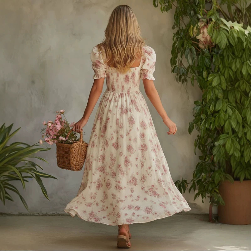 Pink Floral Square Neck Chiffon Short Sleeve Maxi Dress