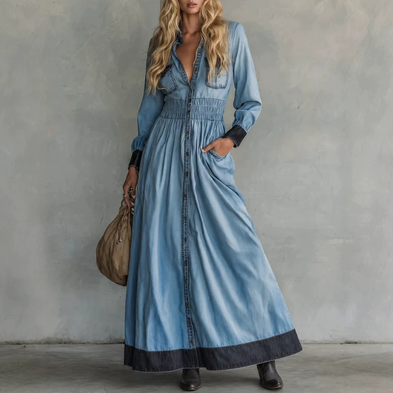 Western Vintage Patchwork Denim Maxi Dress