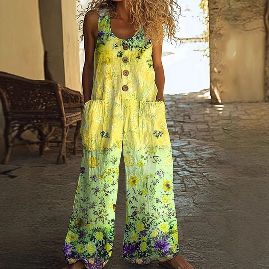 3D Floral Print Sleeveless Jumpsuit with Pockets